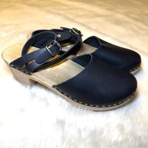 Chameleon Clogs handmade leather black ankle strap size 39
